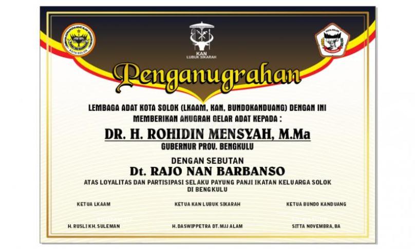 Pengaunagrahan untuk Gubernur Bengkulu, Rohidin Mersyah
