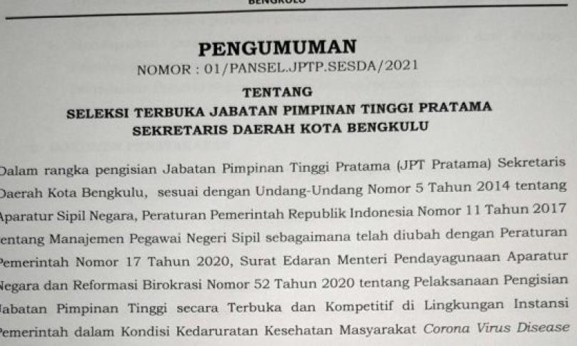 Pemkot Bengkulu Buka Lelang Jabatan Sesda