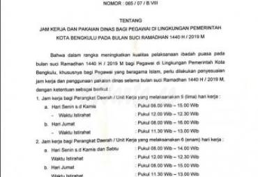 Berikut jadwal dan jam kerja ASN di lingkungan Pemerintah Kota Bengkulu