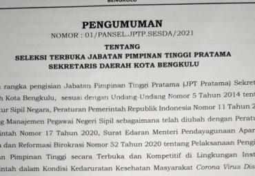 Pemkot Bengkulu Buka Lelang Jabatan Sesda