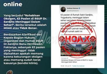 Hoax 63 Pasien RSUP Dr. Sardjito Meninggal Akibat Kekurangan Oksigen