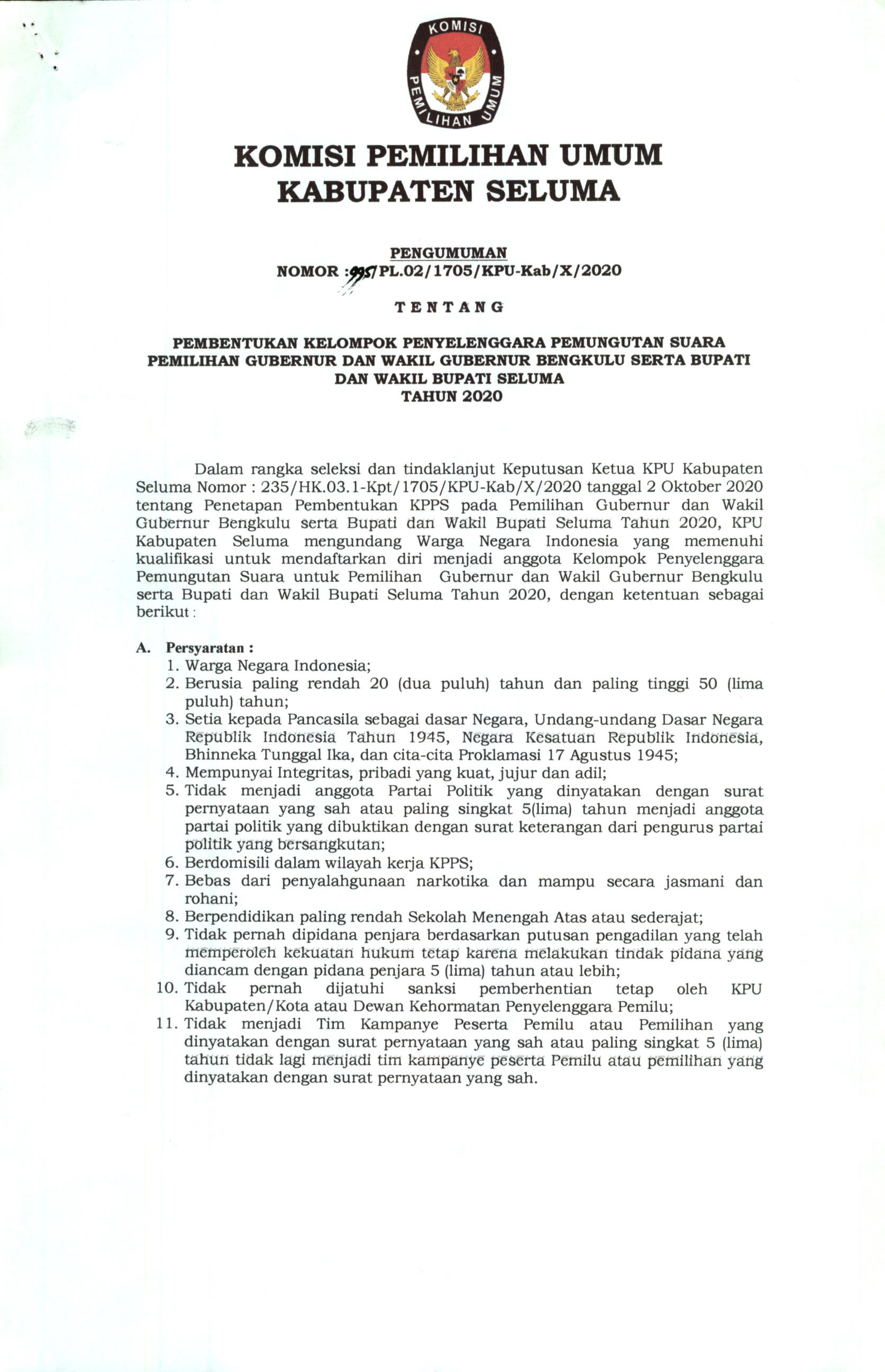 Pengumuman Pembentukan KPPS KPU Seluma