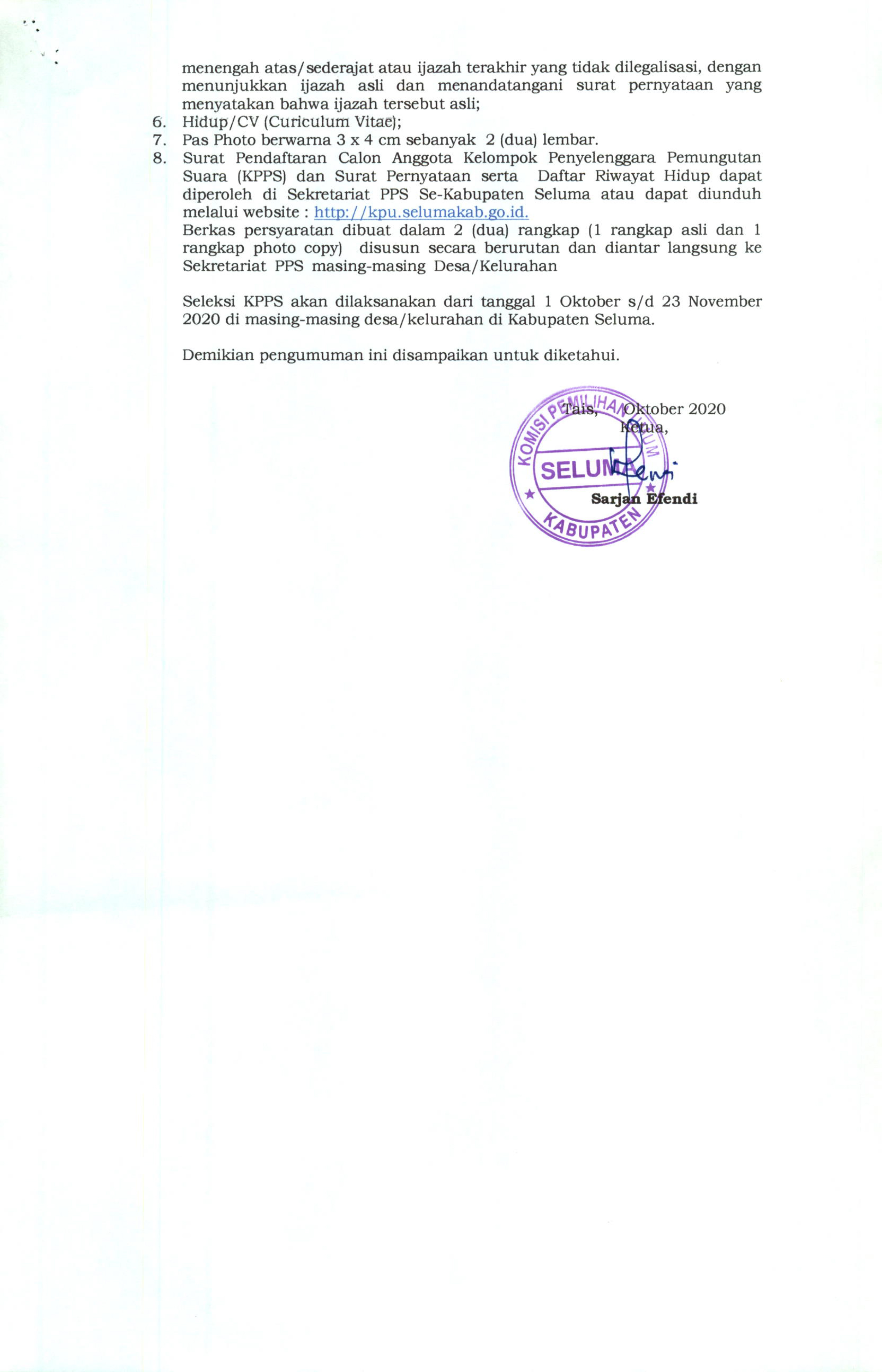 Pengumuman Pembentukan KPPS KPU Seluma