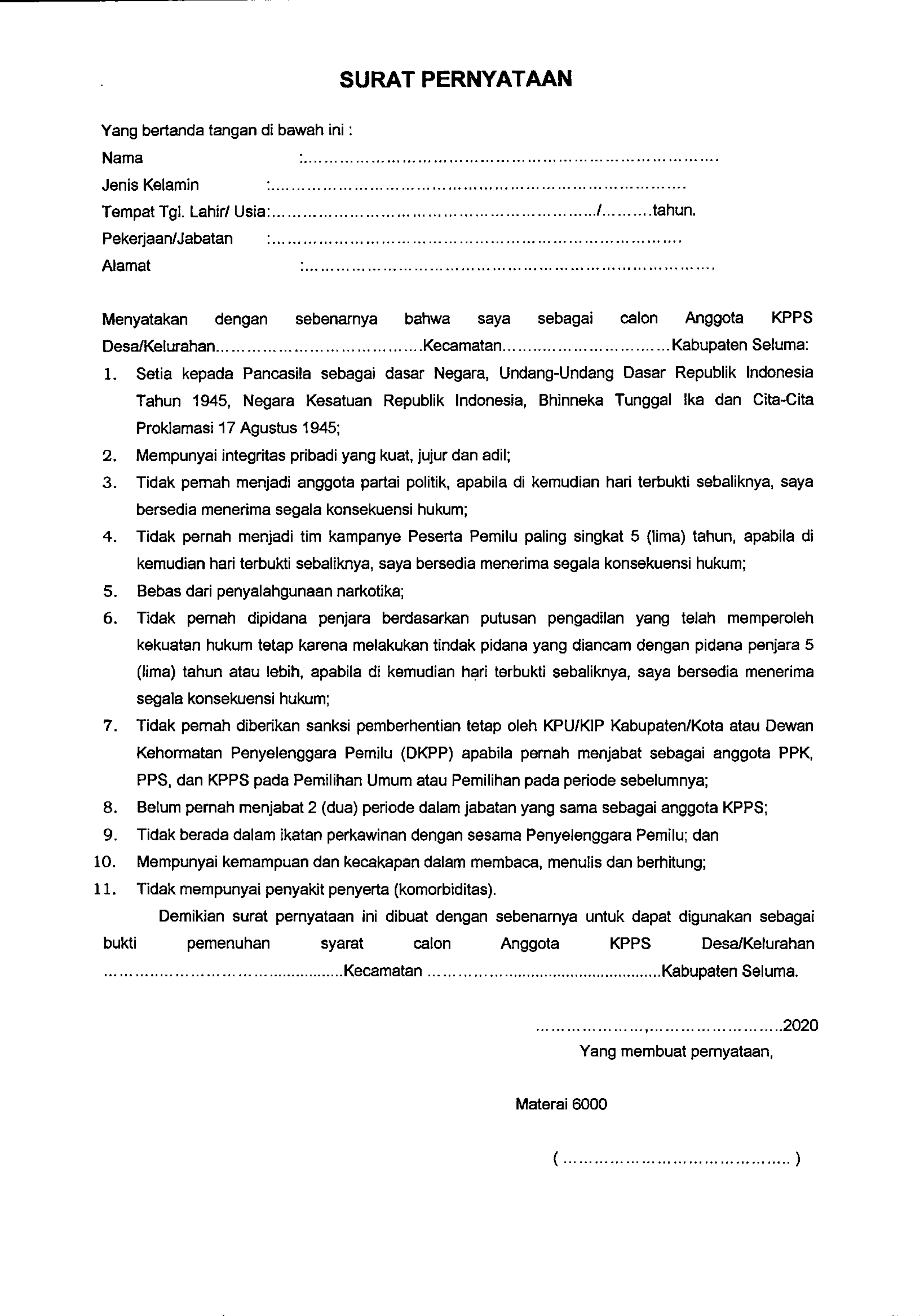 Pengumuman Pembentukan KPPS KPU Seluma