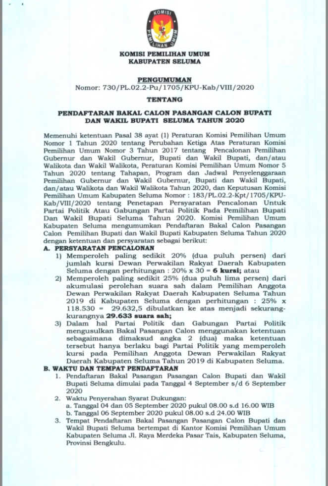 Ini Syarat Pendaftaran Bakal Calon Bupati Seluma