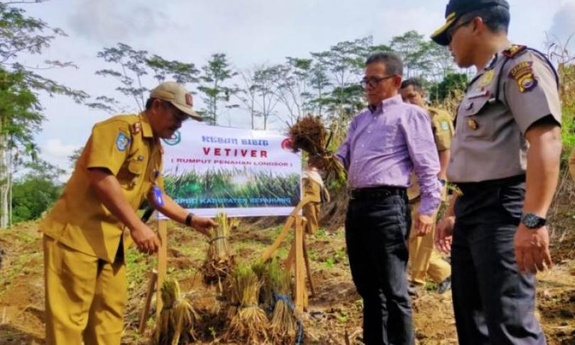 Bersama BPBD, Bupati Kepahiang tanam rumput penahan longsor (Vetiver).