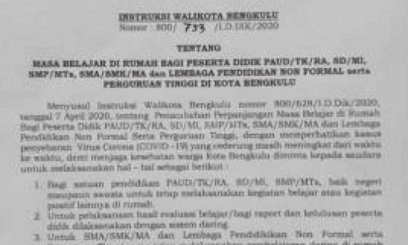 Surat Edaran Walikota Bengkulu.