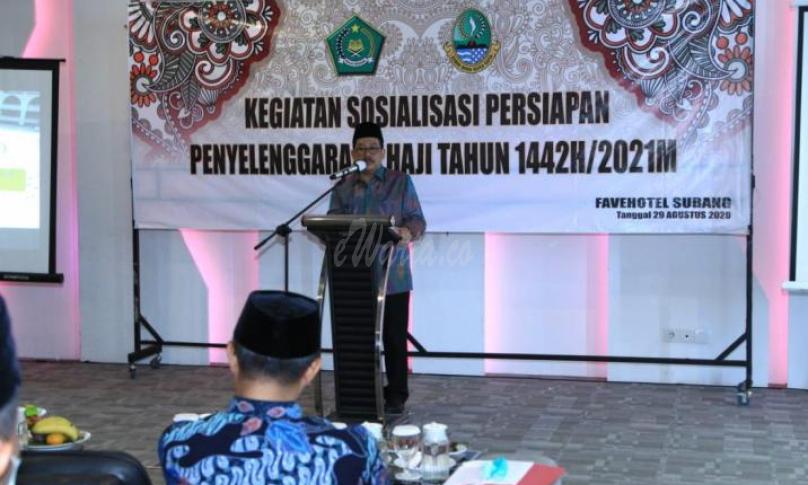 Wamenag saat memberikan sambutan pada Sosialisasi Persiapan Penyelenggaraan Haji Tahun 1442H/2021M di Subang, Sabtu (29/08)