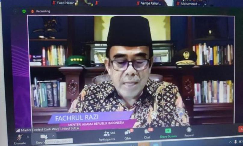 Menag saat menyampaikan keynote speech dalam helat yang berlangsung virtual, Jumat (09/10).