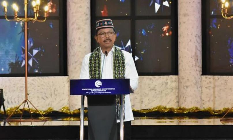 Menteri Kominfo Johnny G. Plate saat memberikan sambutan dalam acara Perayaan Natal Nasional 2020 di Jakarta, Minggu (27/12/2020). - (AYH)
