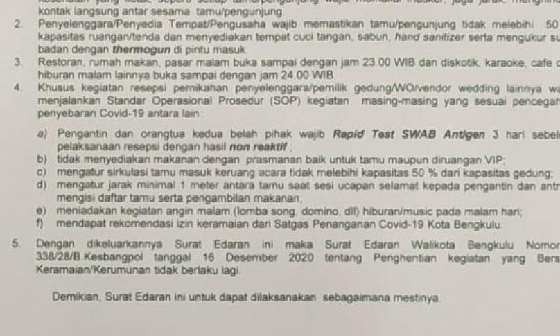 Pesta Pernikahan di Kota Bengkulu Akhirnya Diizinkan, Ini Syaratnya