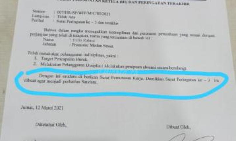 Teks Foto : Tampak Surat Peringatan (SP) yang Diterima Yulia Rahmi. (Foto : Sadar Laia/eWarta.co)