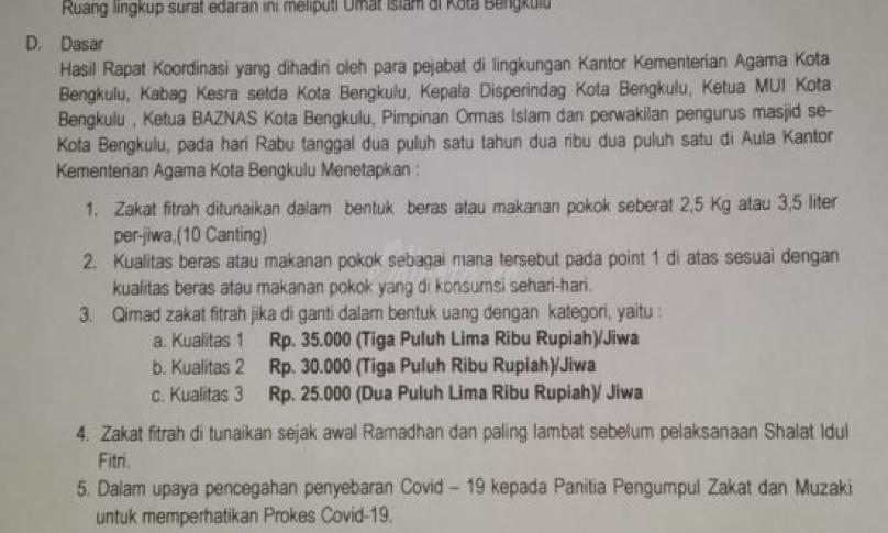 Besaran Zakat Fitrah di Kota Bengkulu