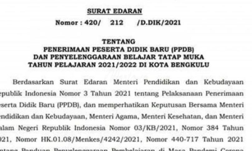Penerimaan Peserta Didik Baru Kota Bengkulu Diputuskan Daring