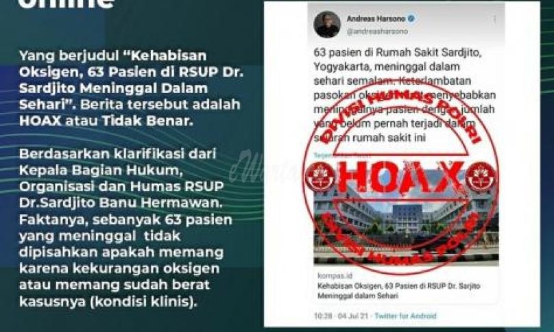 Hoax 63 Pasien RSUP Dr. Sardjito Meninggal Akibat Kekurangan Oksigen