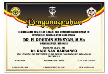 Pengaunagrahan untuk Gubernur Bengkulu, Rohidin Mersyah