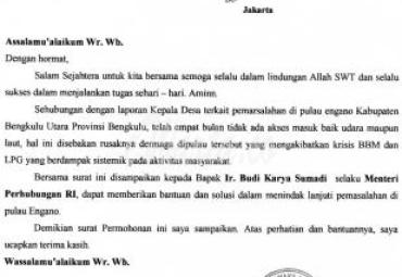 Surat Bang Ken kepada Kemenhub dengan tembusan ke Presiden dan Wakil Presiden, Pimpinan DPD RI, Gubernur Bengkulu, Arsip.