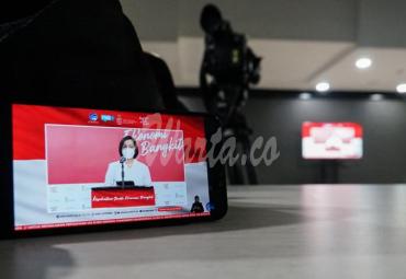 Menkeu Sri Mulyani dalam Konferensi Pers Kedatangan Vaksin Covid-19 di Media Center Komite Penanganan Covid-19 dan Pemulihan Ekonomi Nasional (KPCPEN), Kantor Kementerian Kominfo, Jakarta, Senin (07/12/2020). - (Indra Kusuma)