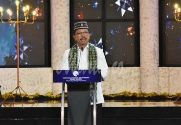 Menteri Kominfo Johnny G. Plate saat memberikan sambutan dalam acara Perayaan Natal Nasional 2020 di Jakarta, Minggu (27/12/2020). - (AYH)