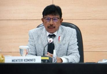 Menteri Kominfo Johnny G. Plate saat memimpin Rapat Teknis Persiapan Hari Nusantara 2020, dari Kantor Kementerian Kominfo, Jakarta, Selasa (08/12/2020). - (Indra Kusuma)