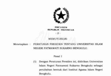 Peraturan Presiden RI Nomor 45 Tahun 2021 tentang Universitas Islam Negeri (UIN) Fatmawati Sukarno Bengkulu